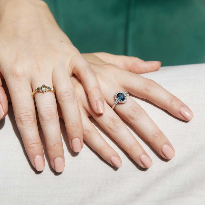 Robe Platinum Teal Sapphire & Diamond Halo Ring* DRAFT Rings Imperial Jewellery 