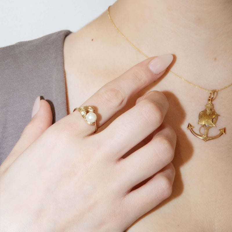 Vintage Circa 1980s Pearl Leaf Ring 10 Carat Gold