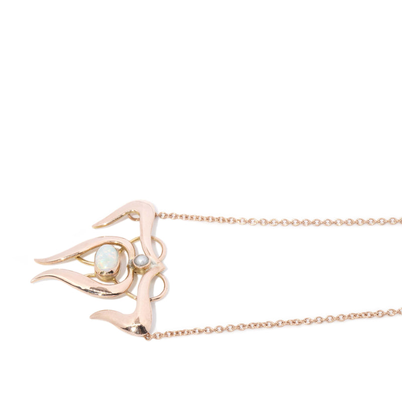 Vintage 1970s Opal & Pearl Art Nouveau Style Necklet 9 Carat Rose Gold