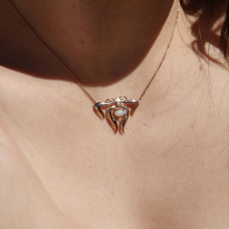 Vintage 1970s Opal & Pearl Art Nouveau Style Necklet 9 Carat Rose Gold