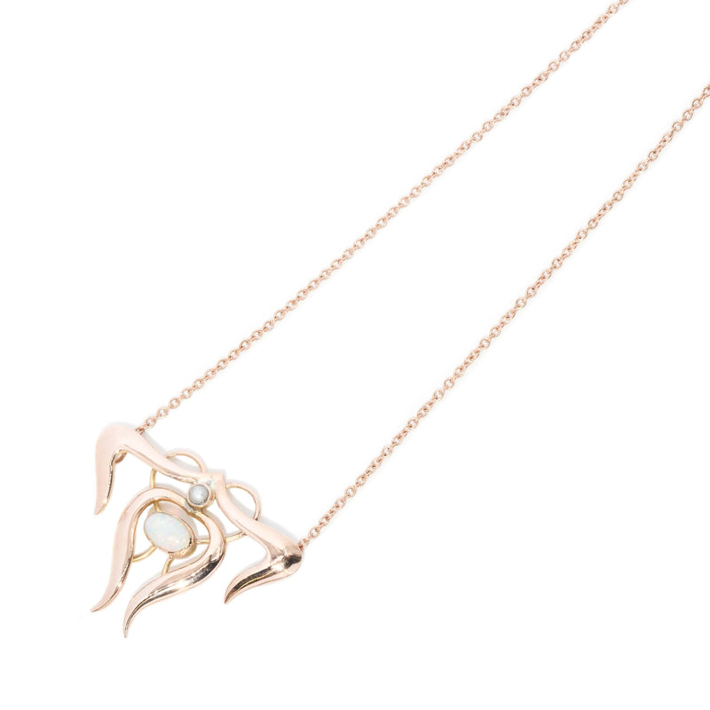 Vintage 1970s Opal & Pearl Art Nouveau Style Necklet 9 Carat Rose Gold