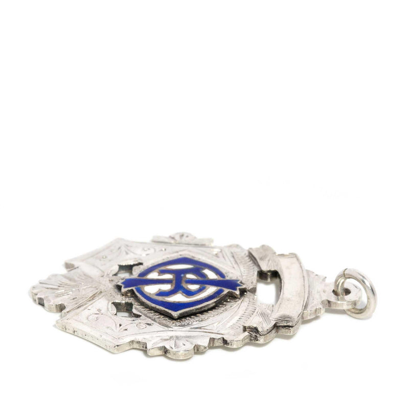 Antique 1920 Blue Enamel Shield Pendant Sterling Silver (OB)
