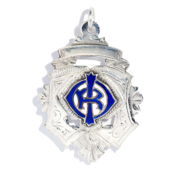 Antique 1920 Blue Enamel Shield Pendant Sterling Silver (OB)