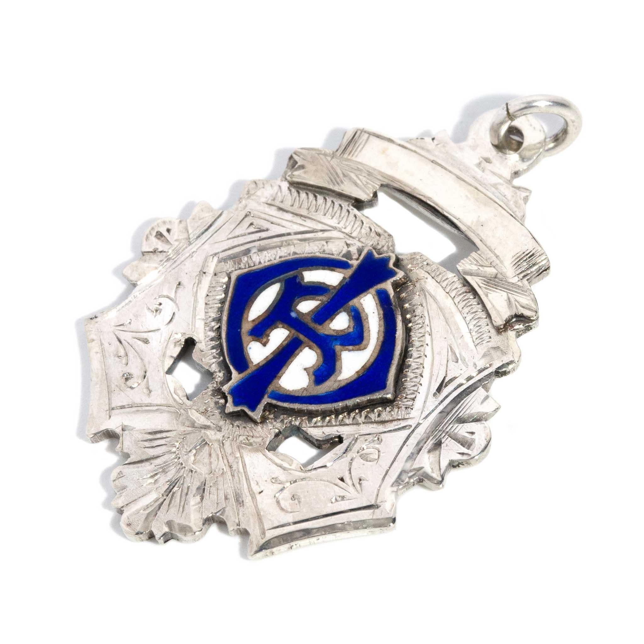 Antique 1920 Blue Enamel Shield Pendant Sterling Silver (OB)