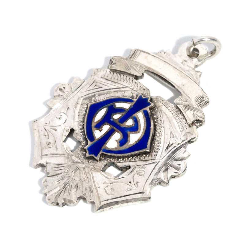 Antique 1920 Blue Enamel Shield Pendant Sterling Silver (OB)