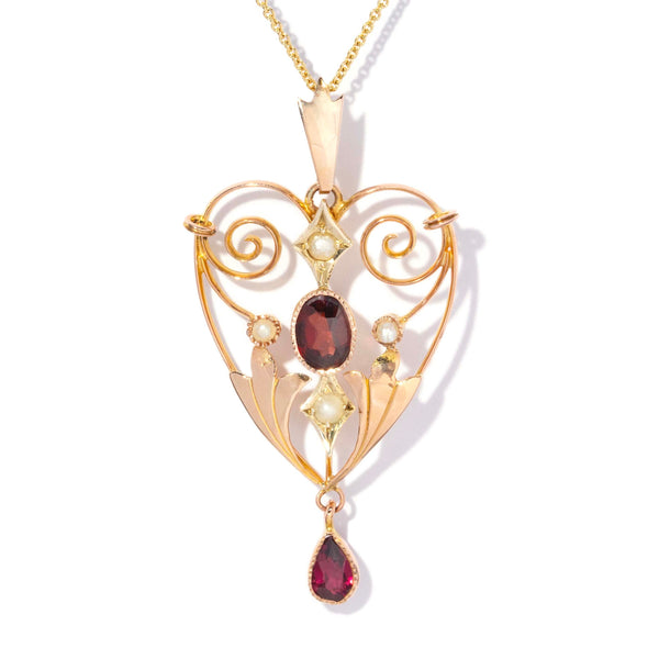 Rowyn Victorian Garnet & Pearl Heart Pendant 9ct Rose Gold Pendants/Necklaces Imperial Jewellery 
