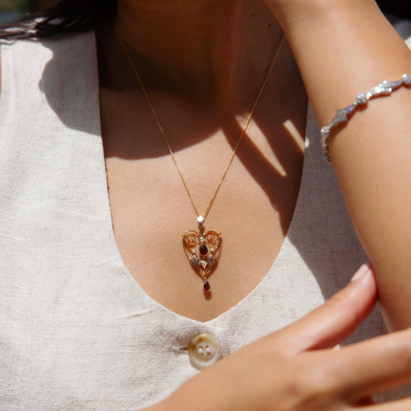 Rowyn Victorian Garnet & Pearl Heart Pendant 9ct Rose Gold Pendants/Necklaces Imperial Jewellery 
