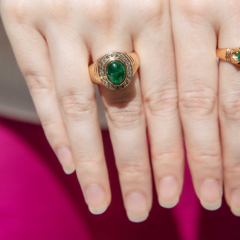 Sade 1970s Emerald & Diamond Domed Ring 18ct Gold Rings Imperial Jewellery 