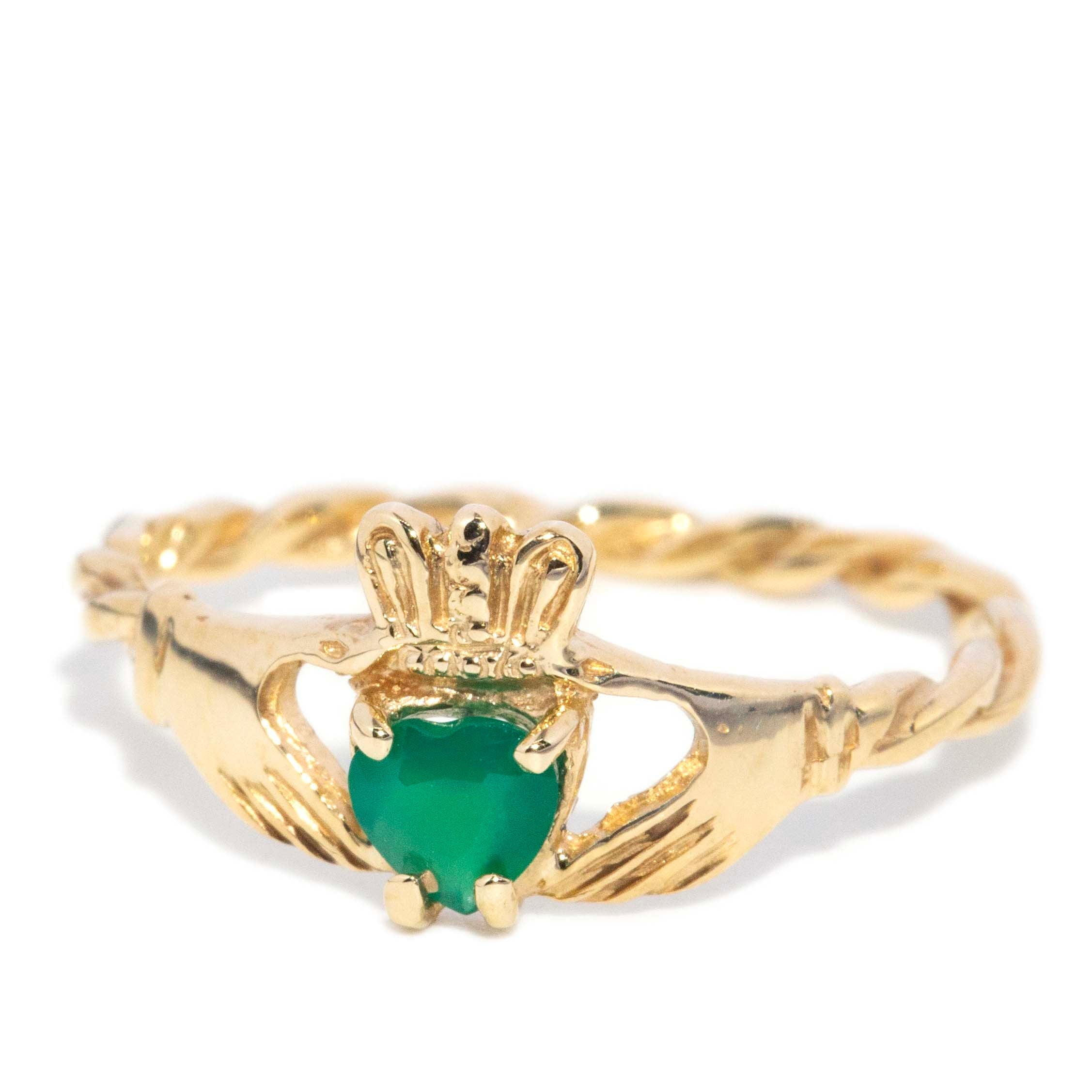 Saorise Vintage Circa 1980s Heart Cut Chrysoprase Claddagh Ring 9ct Yellow Gold Rings Imperial Jewellery 