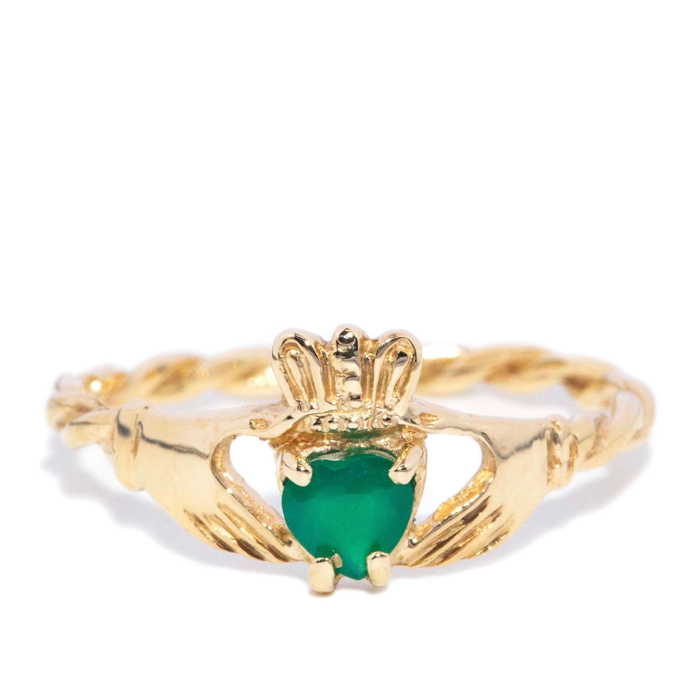 Saorise Vintage Circa 1980s Heart Cut Chrysoprase Claddagh Ring 9ct Yellow Gold Rings Imperial Jewellery 