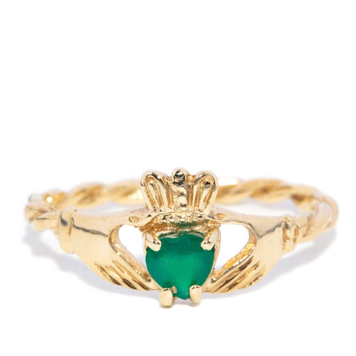 Saorise Heart Cut Chrysoprase Claddagh Ring 9K Yellow Gold