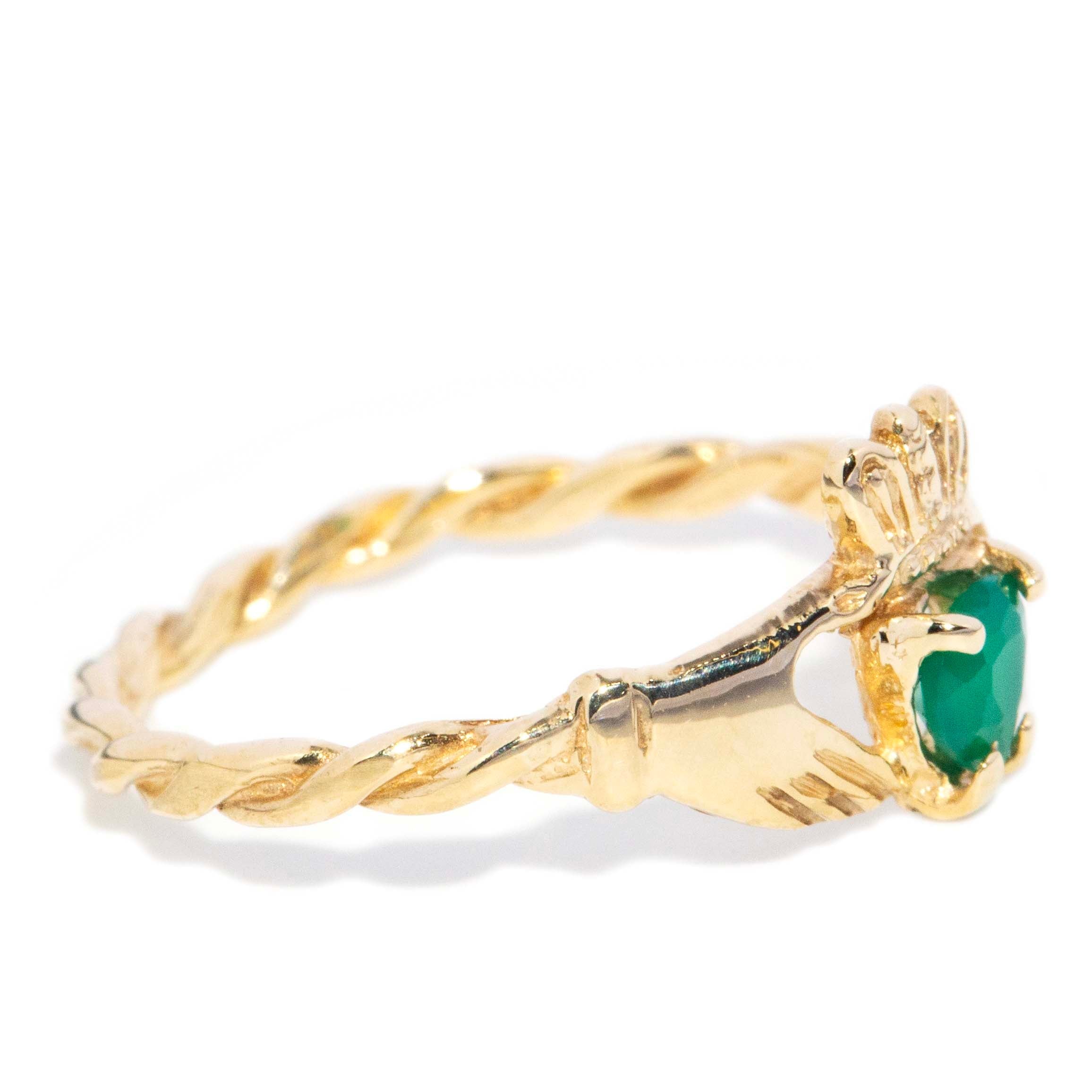 Saorise Vintage Circa 1980s Heart Cut Chrysoprase Claddagh Ring 9ct Yellow Gold Rings Imperial Jewellery 