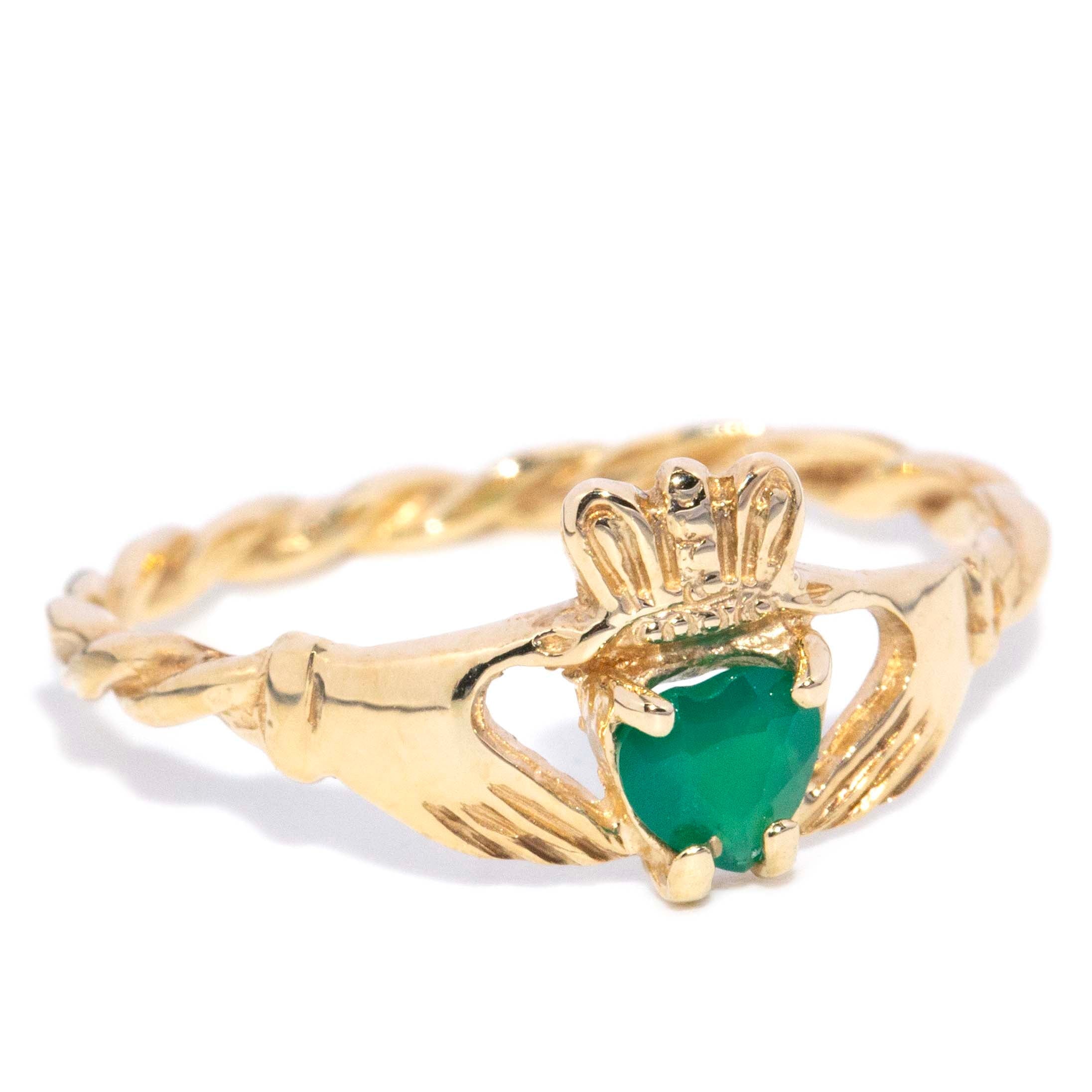 Saorise Vintage Circa 1980s Heart Cut Chrysoprase Claddagh Ring 9ct Yellow Gold Rings Imperial Jewellery 