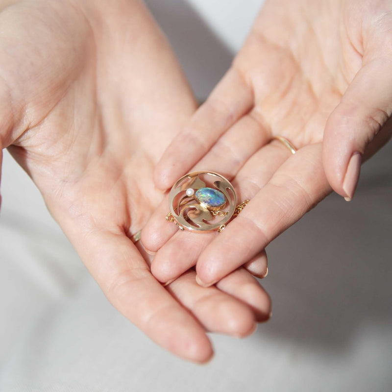 Sarah 1920s 1.48 Carat Opal & Pearl Brooch 15ct Gold