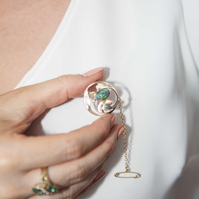 Sarah 1920s 1.48 Carat Opal & Pearl Brooch 15ct Gold