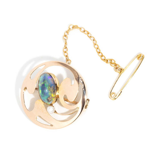 Sarah Antique Black Opal & Pearl Disc Brooch 15K Yellow Gold