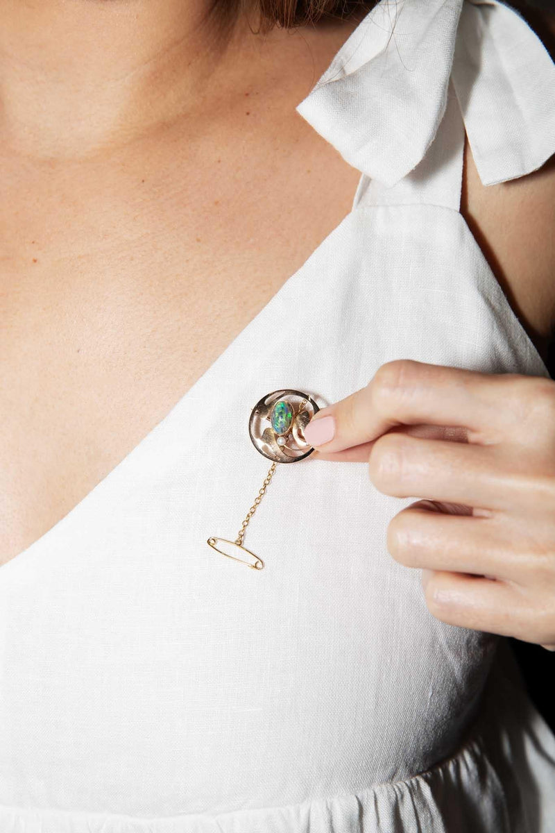 Sarah 1920s 1.48 Carat Opal & Pearl Brooch 15ct Gold