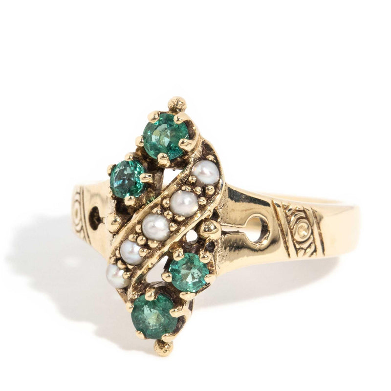 Sarai 1970s Emerald & Seed Pearl Ring 9ct Gold