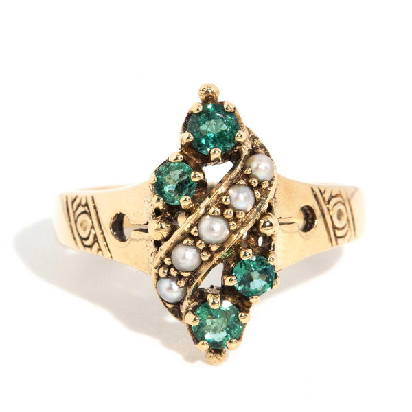 Sarai 1970s Emerald & Seed Pearl Ring 9ct Gold