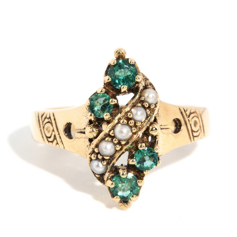 Sarai 1970s Emerald & Seed Pearl Ring 9ct Gold