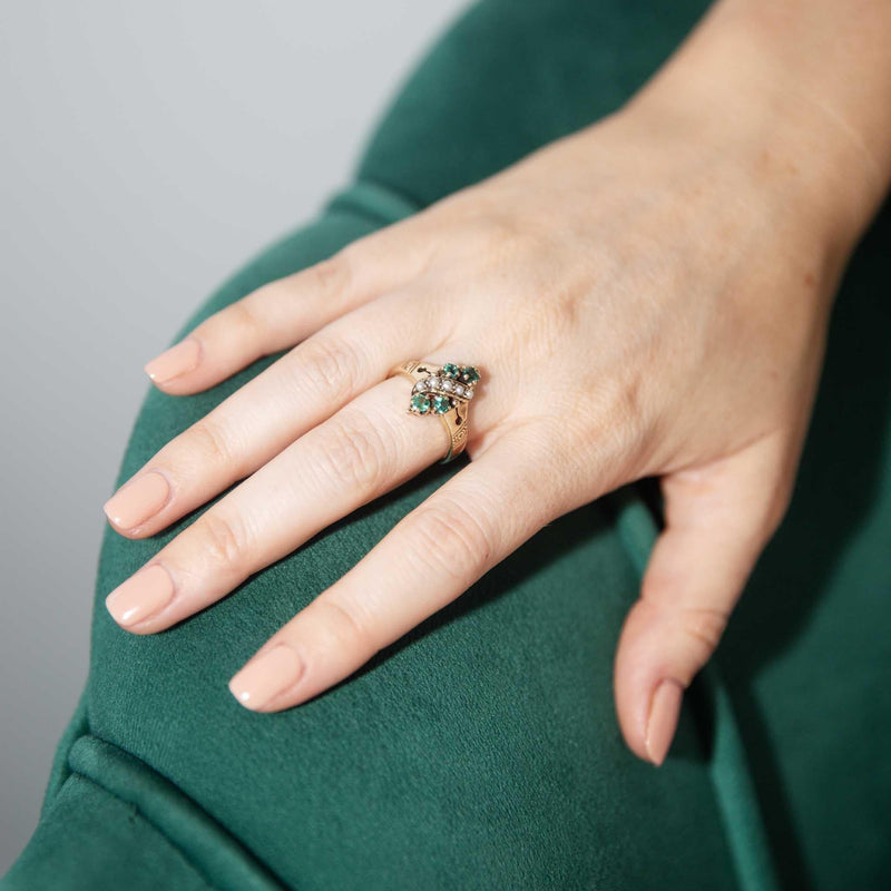 Sarai 1970s Emerald & Seed Pearl Ring 9ct Gold