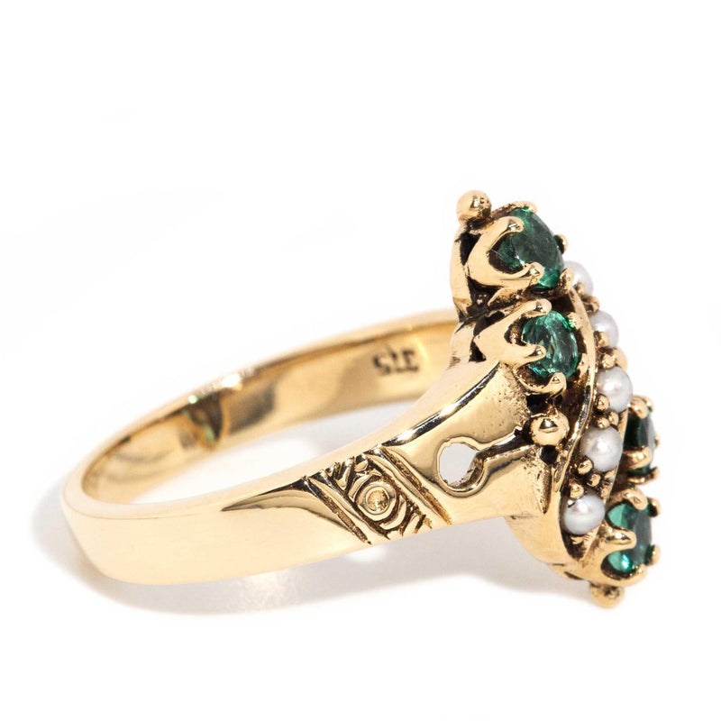 Sarai 1970s Emerald & Seed Pearl Ring 9ct Gold