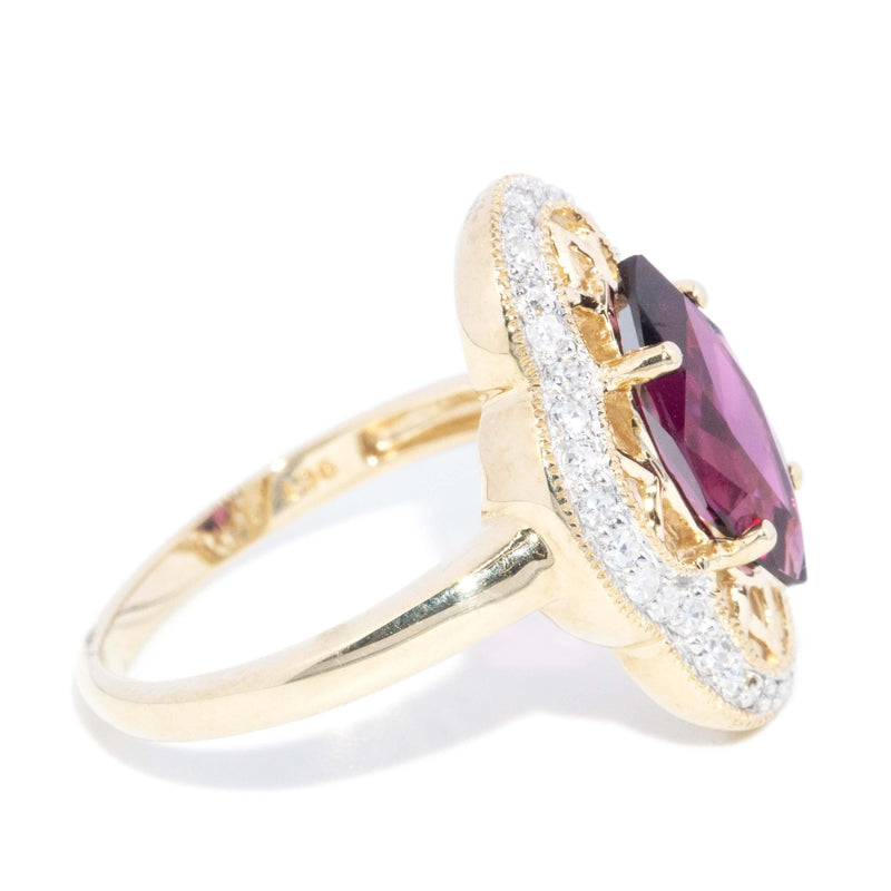 Contemporary Rhodolite & Diamond Halo Ring 9 Carat Gold
