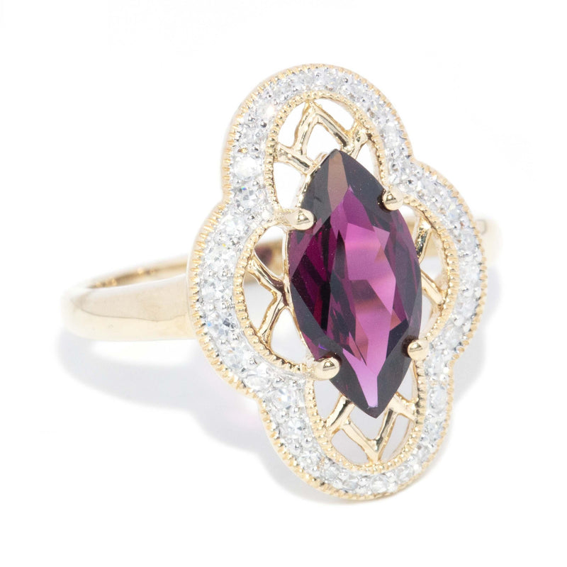 Contemporary Rhodolite & Diamond Halo Ring 9 Carat Gold