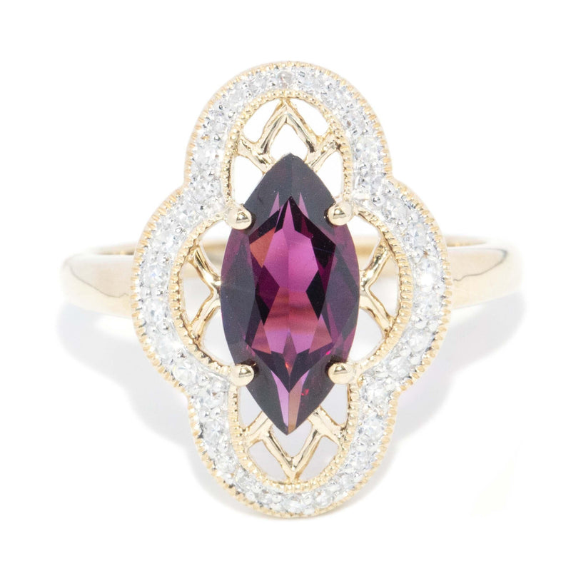 Contemporary Rhodolite & Diamond Halo Ring 9 Carat Gold