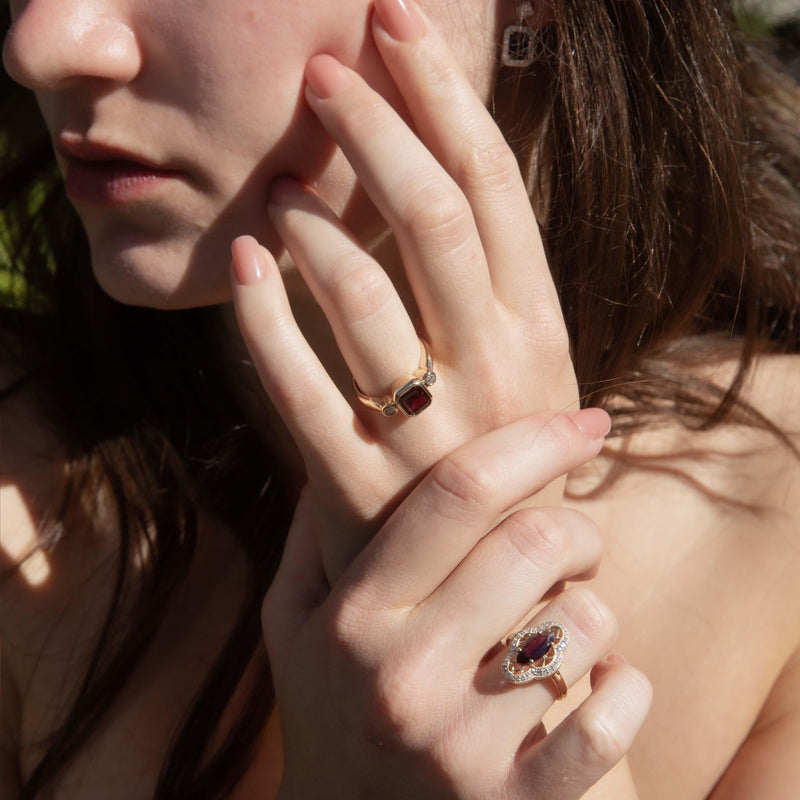 Contemporary Rhodolite & Diamond Halo Ring 9 Carat Gold