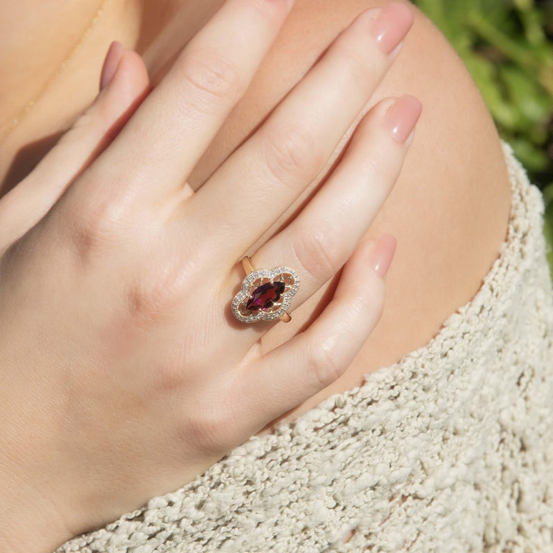 Contemporary Rhodolite & Diamond Halo Ring 9 Carat Gold