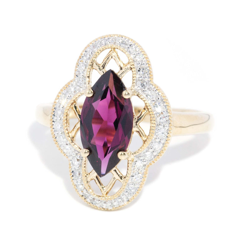 Contemporary Rhodolite & Diamond Halo Ring 9 Carat Gold