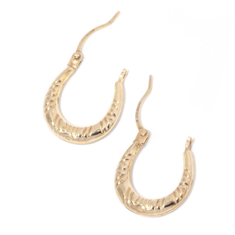 Vintage Circa 1970s Textured Hoop Earrings 9 Carat Yellow Gold