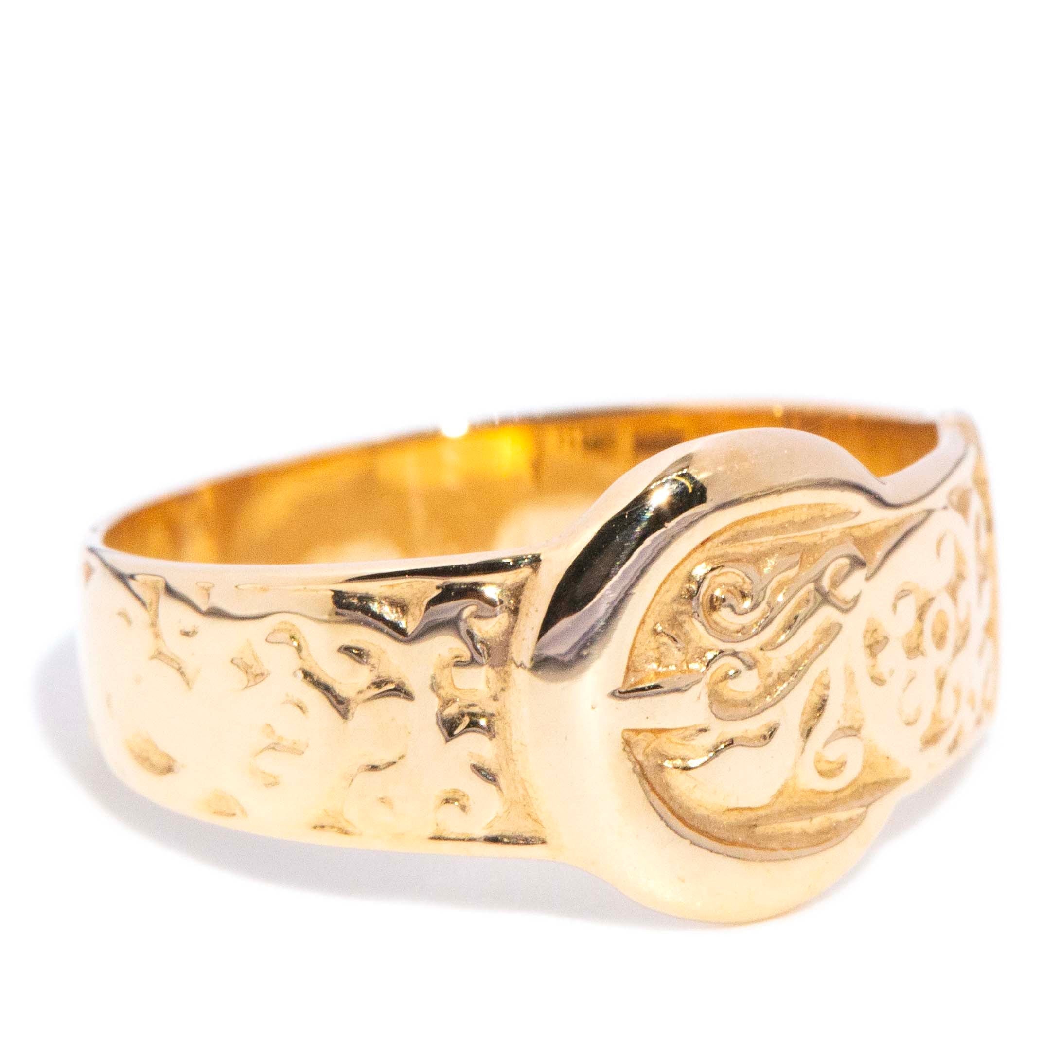 Seraphim 1980s Patterned Buckle Ring 9ct Gold Rings Imperial Jewellery 