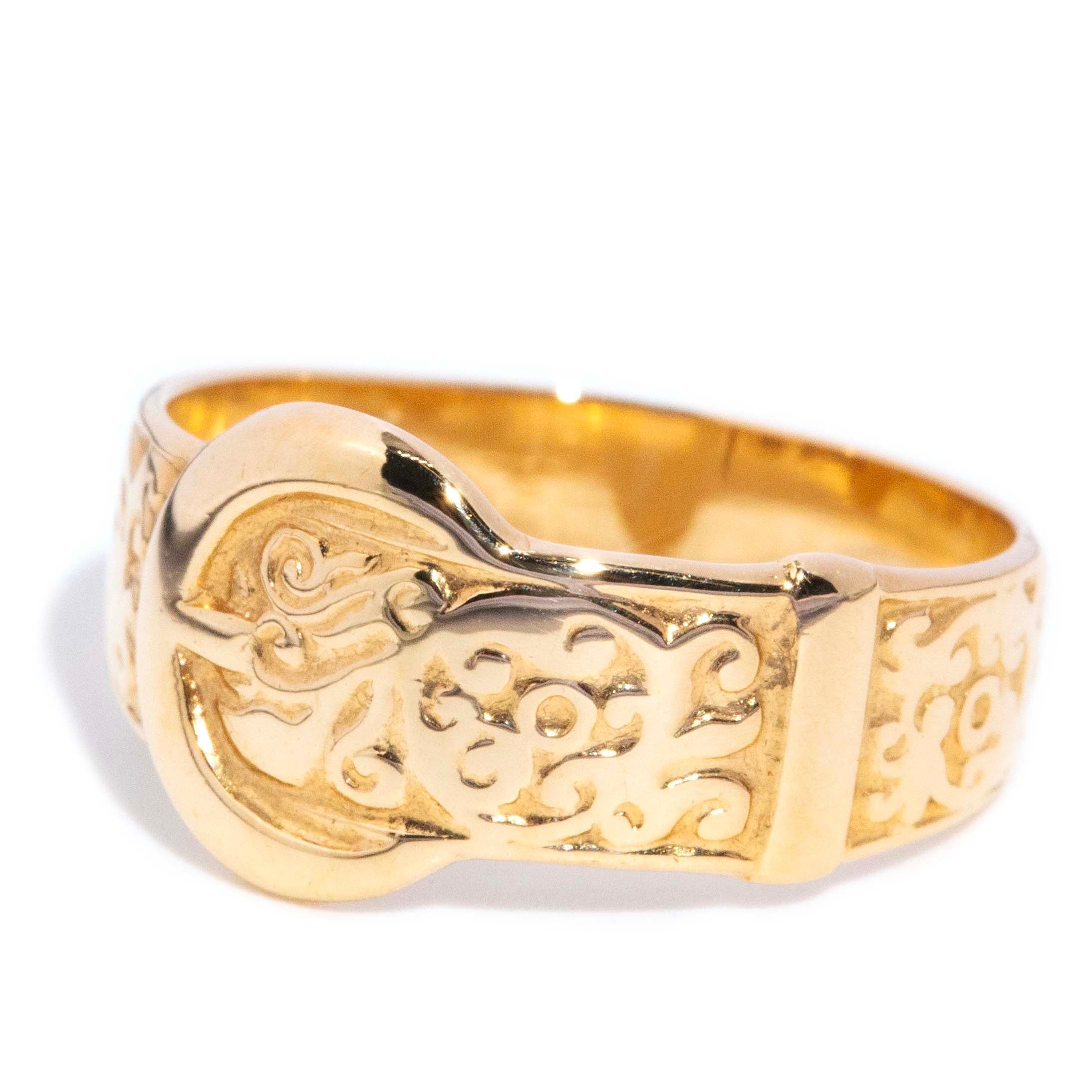 Seraphim 1980s Patterned Buckle Ring 9ct Gold Rings Imperial Jewellery 