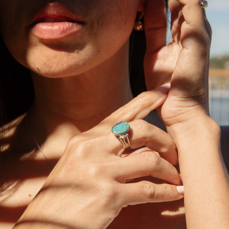 Vintage Circa 1970s Black Opal & Diamond Ring 18 Carat White Gold