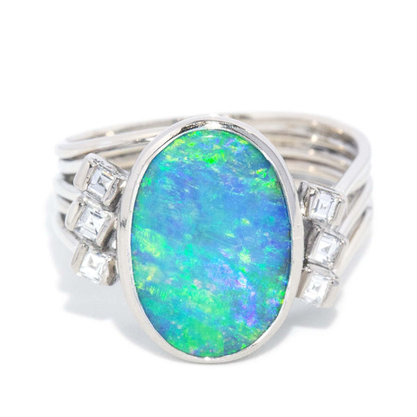 Vintage Circa 1970s Black Opal & Diamond Ring 18 Carat White Gold