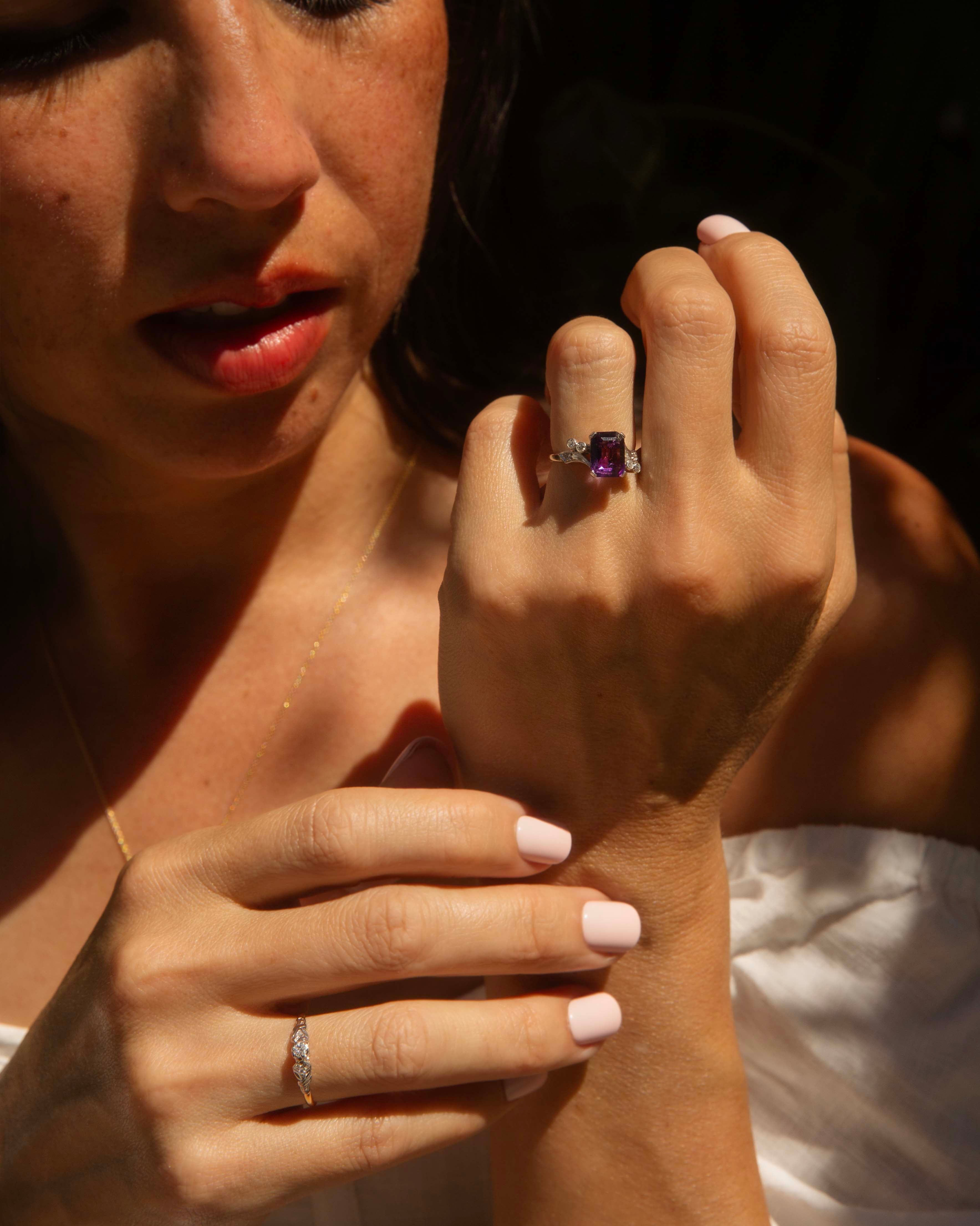 Sereia 1960s Amethyst & Diamond Ring 18ct White Gold Rings Imperial Jewellery 