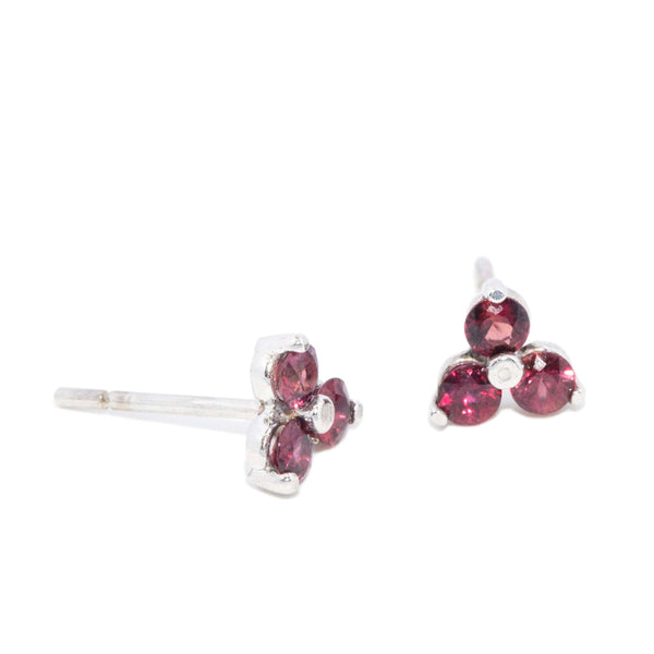 Seren Deep Red Garnet Trilogy Shared Claw Cluster Stud Earrings 9ct White Gold Earrings Imperial Jewellery 