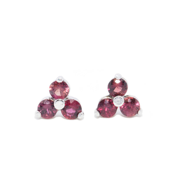 Seren Deep Red Garnet Trilogy Shared Claw Cluster Stud Earrings 9ct White Gold Earrings Imperial Jewellery 