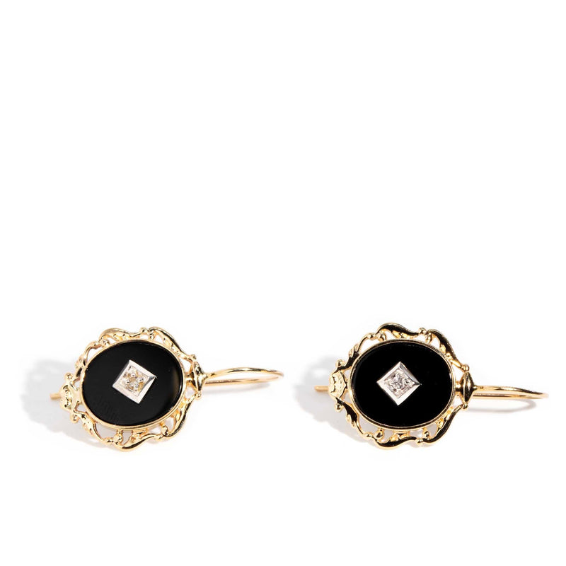 Serena 1990s Onyx & Diamond Drop Earrings 9ct Gold Earrings Imperial Jewellery 