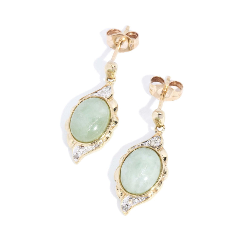 Vintage Circa 1990s Jade & Diamond Drop Earrings 9 Carat Yellow Gold