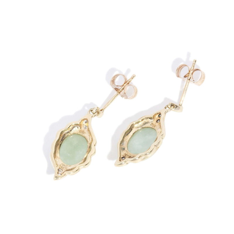 Vintage Circa 1990s Jade & Diamond Drop Earrings 9 Carat Yellow Gold
