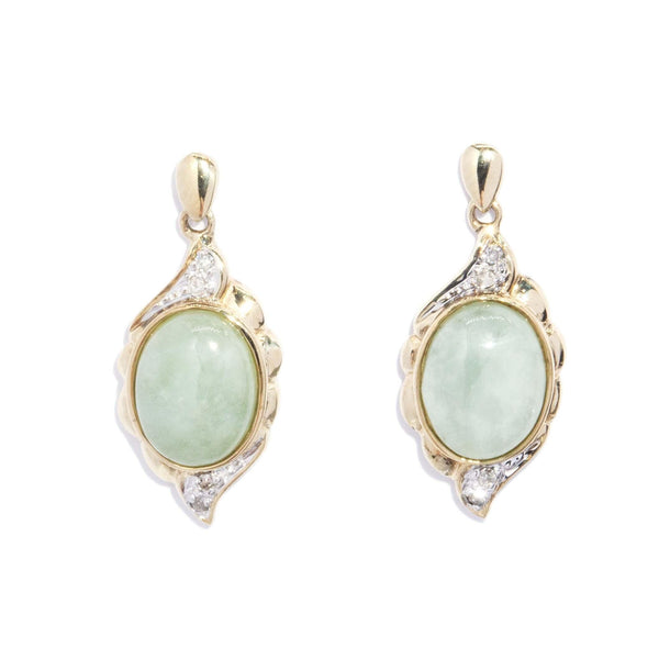 Vintage Circa 1990s Jade & Diamond Drop Earrings 9 Carat Yellow Gold