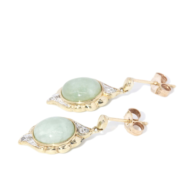 Vintage Circa 1990s Jade & Diamond Drop Earrings 9 Carat Yellow Gold