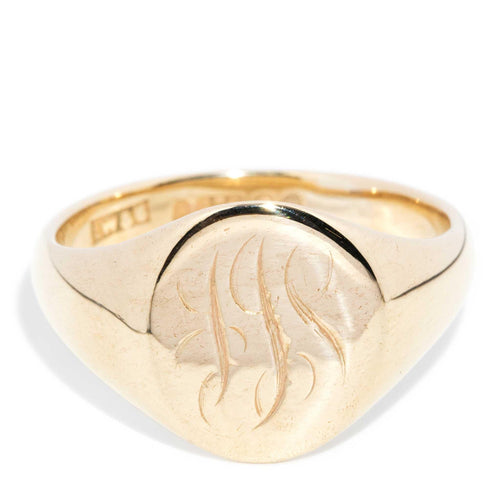 Seth Engraved Monogram Flared Signet Ring 9K Yellow Gold