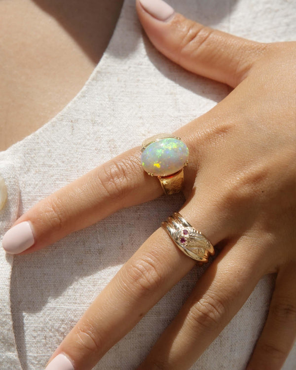 Vintage Circa 1980s Oval Opal Domed Textured Ring 18 Carat Gold