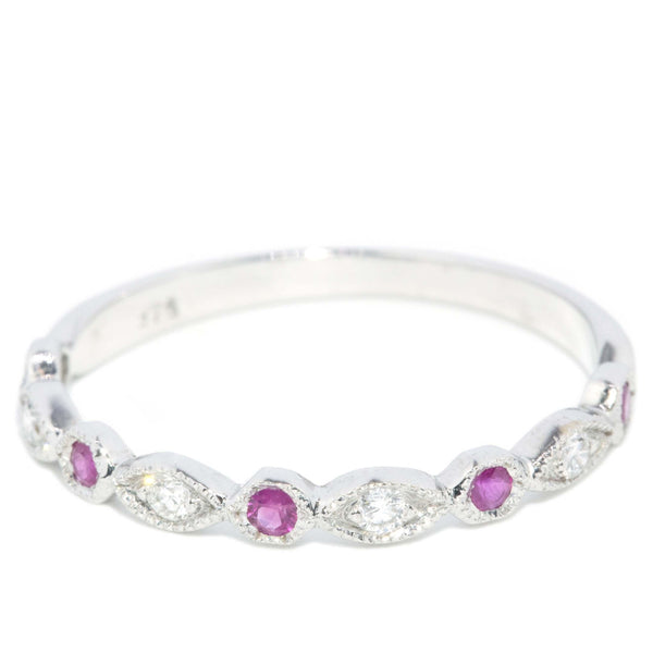 Vintage Circa 1990s Ruby & Diamond Stacking Ring 9 Carat White Gold