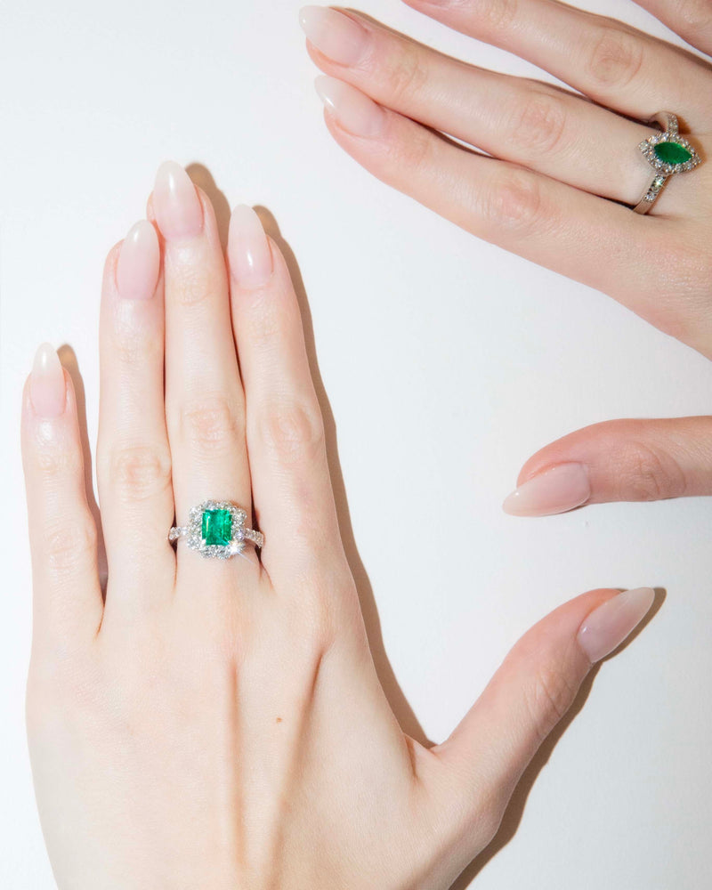 Sierra 1990s Marquise Emerald & Diamond Ring 18ct White Gold Rings Imperial Jewellery 