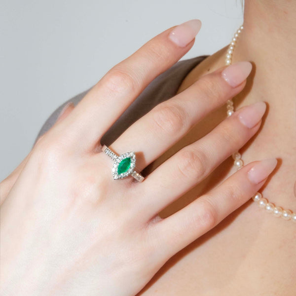 Sierra 1990s Marquise Emerald & Diamond Ring 18ct White Gold Rings Imperial Jewellery 